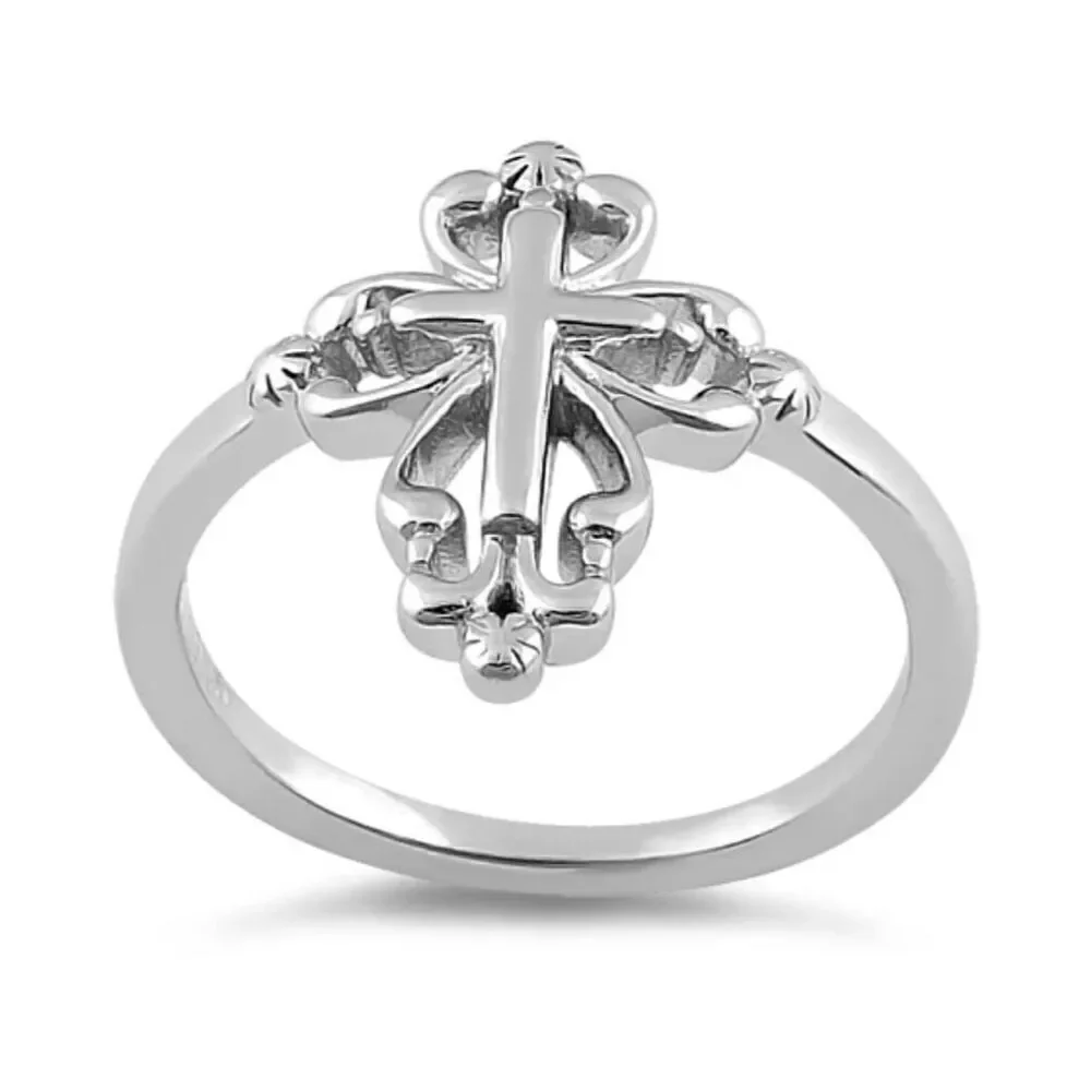 New Sterling Silver Ornate Scrollwork Cross Ring